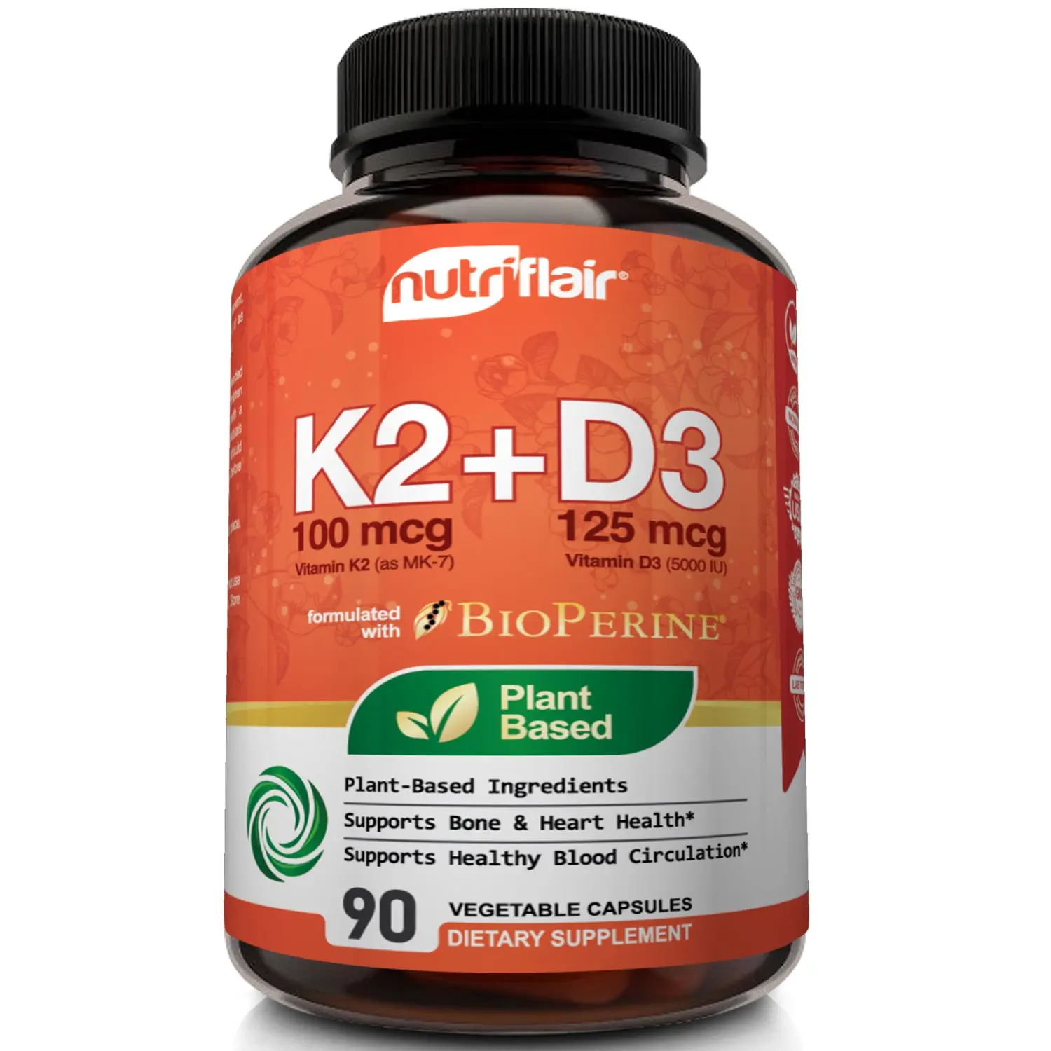 Nutriflair Vitamin K2 + D3, Heart and Bone Support Supplement, Natural Dairy-Free and Vegan-Friendly - 90 Capsules Dietary Edible Nutriflair Vitamin K2 + D3, Heart and Bone Support Supplement, Natural Dairy-Free and Vegan-Friendly - 90 Capsules Dietary Edible