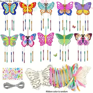 Butterfly Wind Chime Kit, Including 5 Wooden Pieces, 20 Wind Chime Rods, Ribbons, Silvery Wire, and Drills. This Butterfly Wind Chime Wooden Craft Kit Is Suitable for Spring and Summer Holiday Decorations, Birthday Parties, and Home Decor