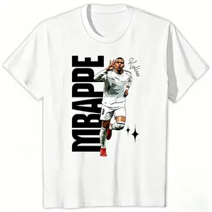 Kylian Mbappe Print T-Shirt for Men , Real Madrid Soccer Star Graphic Oversized Tee, Football Fan Streetwear Short Sleeve Tops