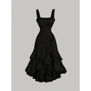 Women'S Vintage Ruffle Hem Dress - Peach, Sleeveless, Tiered Layer, Romantic Back to & Prom Outfit, Polyester Lining, Backless Design with Lace Detail, Dress |   Ruffle Hem Dress |   Lace Detailing, Vintage Dress Formal Solid Womenswear Workwear