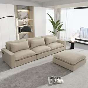 Living Room,128" Sectional Cloud Movable Ottoman, Comfortable Seat Cushions,Chenille Upholstered Sofa Couch with Charging Ports and Three Back Pillows-Beige