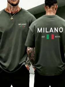 Men's Loose Fit Milan Est.400bc Print T-Shirt, Italian Flag Street Style Casual Short Sleeve, Milan Travel Theme Men's Top