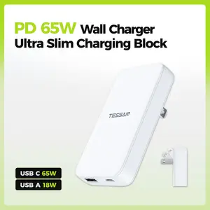 Flat Wall Charger USB C PD 65W, TESSAN Flat USB Wall Plug Foldable, Outlet Adapter Fast Charging Block, Ultra Slim Charger Compatible with iPhone 17/16/15 Series and Samsung Galaxy Models, Travel