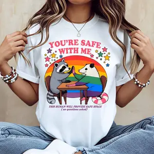 Racoon And Opossum With Rainbow And Stars Print Youre Safe With Me T Shirt White Crew Neck Casual Wear For Leisure And Sports