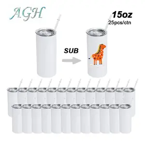 AGH 25/50Pack 15oz Sublimation Skinny Straight Tumblers Stainless Steel Double Wall Insulated Coffee mugs with Lid Straw for DIY Gift