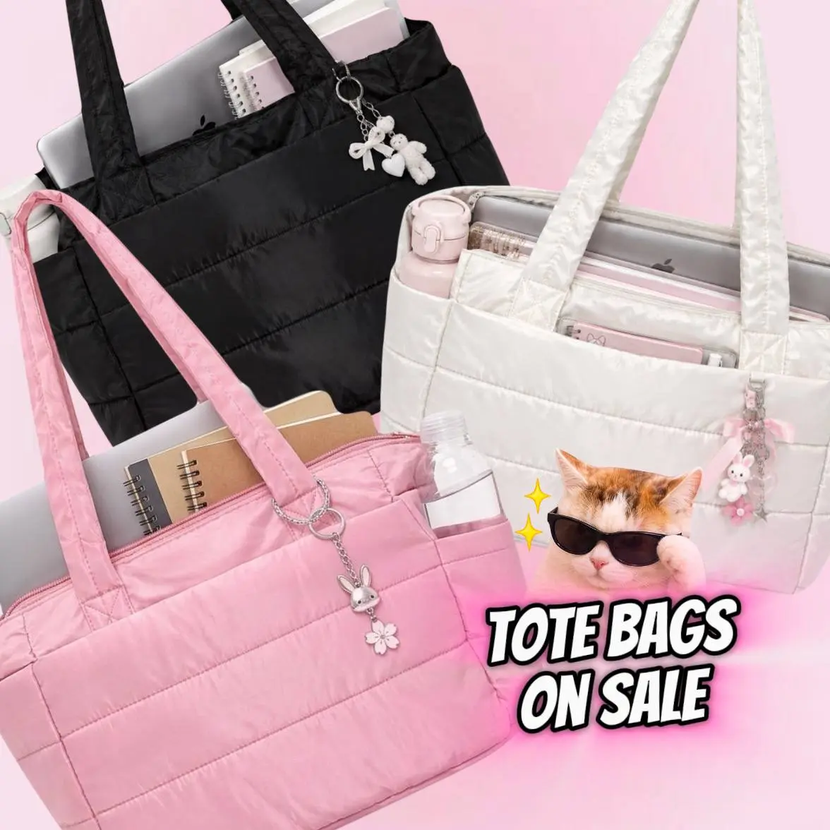 Puffy Bubble Tote Bags Pink,White,Black , Laptop Bag, Lightweight Women’s Tote,Quilted Shoulder Bag with Zipper, Waterproof Tote,Travel Bag, Cute Handbag, Everyday Shopping Bag,Work Bag