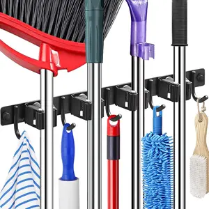 Broom Mop Holder Wall Mount Broom Hanger Wall Mounted Metal Organization Garage Storage Garden Kitchen Tool Organizer With 4 Racks and 5 Hooks (Black, 1 Pack 4R5H)