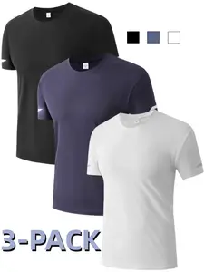 Men's Solid & Checkerboard Print Short Sleeve Tee, Breathable Sweat-absorbing Round Neck T-shirt for Gym Workout Running, Casual Sporty Top for All Seasons