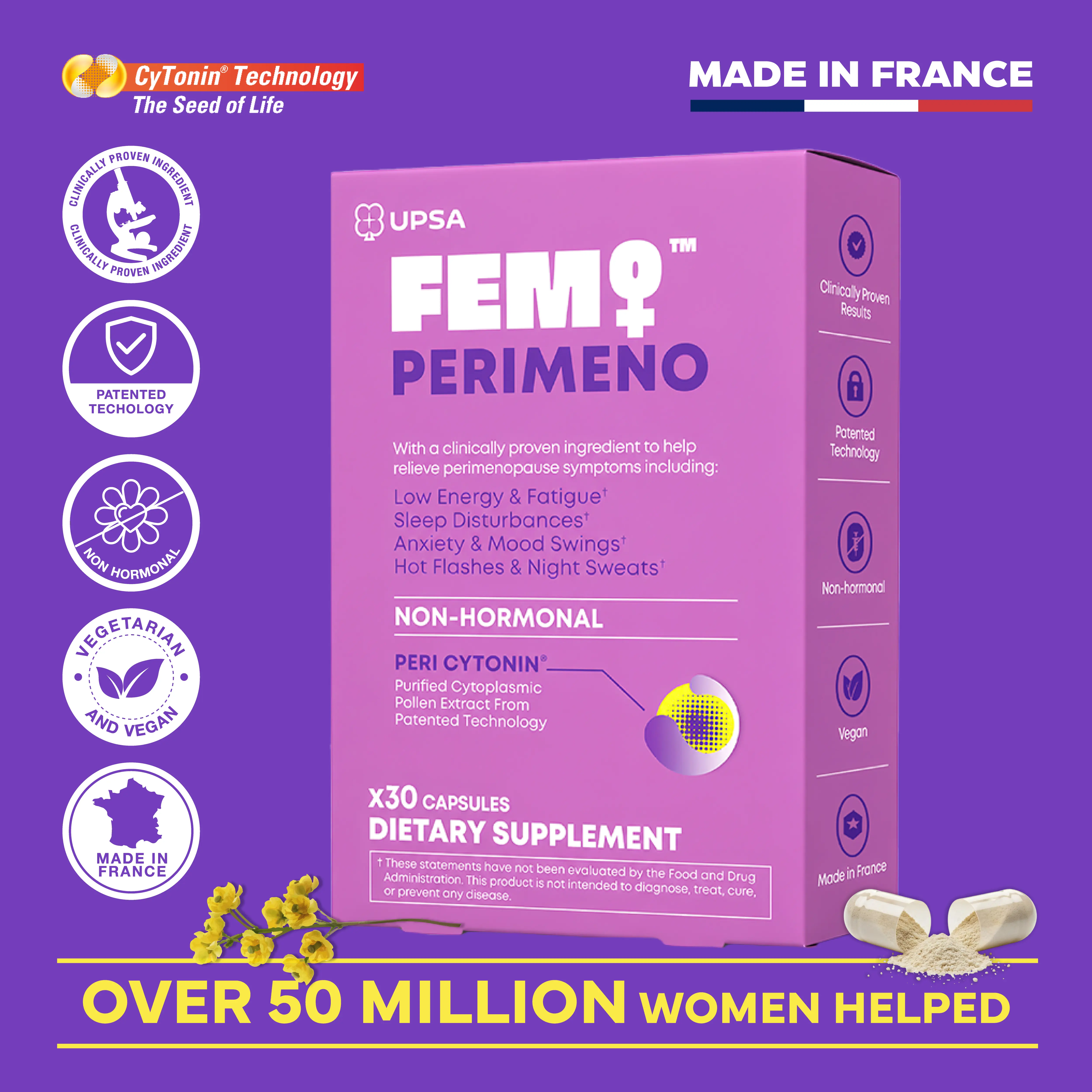 UPSA FEM PERIMENO Non-Hormonal Perimenopause Relief Dietary Supplement Capsules for Adults - Clinically Studied Botanical Extracts (Pollen, Saffron), Vitamin, Patented Tech, Vegan Sleep Aid, Energy & Mood Balance
