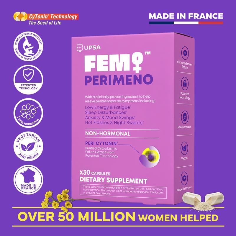 UPSA FEM PERIMENO 320mg Non-Hormonal Perimenopause Relief Dietary Supplement Capsules - Women's Selfcare Support with Clinically Studied Botanical Extracts (Pollen,Saffron), Vitamin, Patented Tech, Vegan Unflavored Energy Management Sleep Aid
