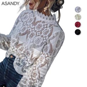 ASANDY Women's Elegant Stand Collar Splicing Lace Trim Hollow Long Sleeve Top Boho Cottagecore Blouse Button Up Basic White Shirts