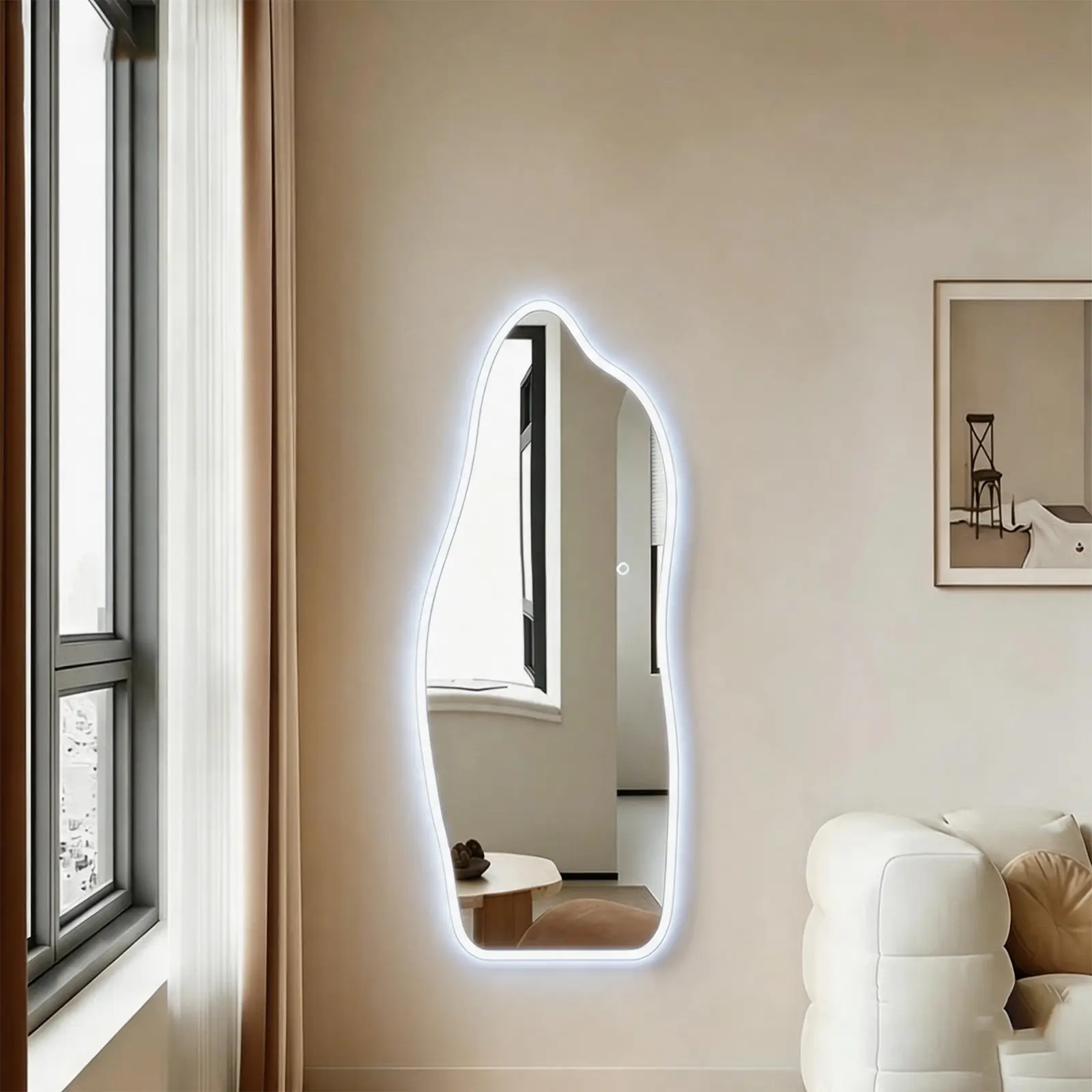 65"x25" Frameless Vertical Irregular Cloud LED Full Length Wall Mirror, 5mm Tempered Glass, Touch Control 3-Color Dimmable Lighting for Bedroom, Closet (Reflection & Decor-Focused)