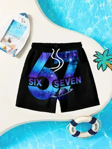 Kids Gradient Galaxy Beach Shorts, Casual Drawstring Waist Summer Pants, Slim Fit All over Print Clothing
