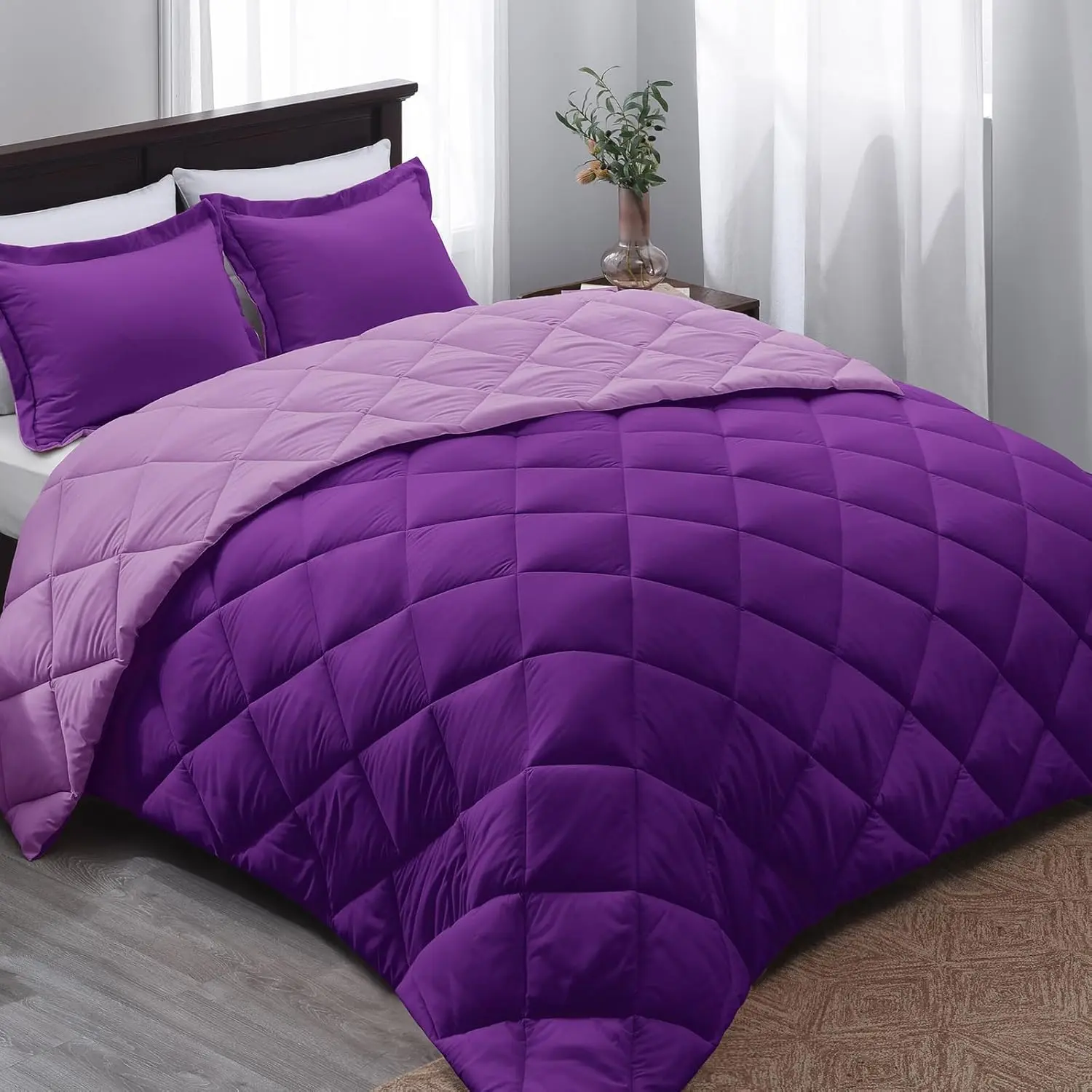 Purple Twin Fluffy Reversible Bedroom Bedding Set - Durable Modern All-Seasons Synthetic Bedding, 1 Synthetic Comforter (66"x92"), 1 Machine-Wash Pillow Sham with Invisible Zipper (20"x26")