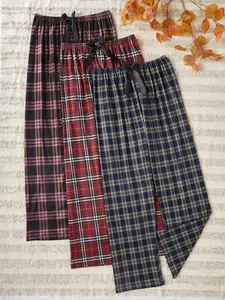 Women's Bow Plaid Sleepwear Set, Casual Fitted Pajamas with Elastic Waistband, Comfortable Home Wear for All Seasons, Matching Pj Set