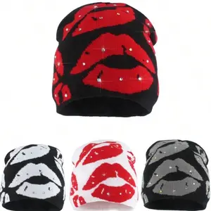 Rhinestone Beanies For Women Fashion Streetwear Hip Hop Skull Cap Sexy Lip Jacquard Vintage Knitted Beanie Hats Valentine's Day