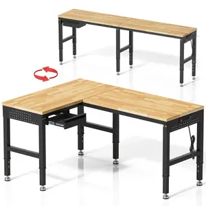 MUWOOD 96”L-Shaped Heavy Duty Work Bench, Heights Adjustable Workbench, 5000 LBS Load Capacity, Work Benches for Garage with Power Outlet & Pegboard, Rubber Wood Work Table for Office, Workshop, Home