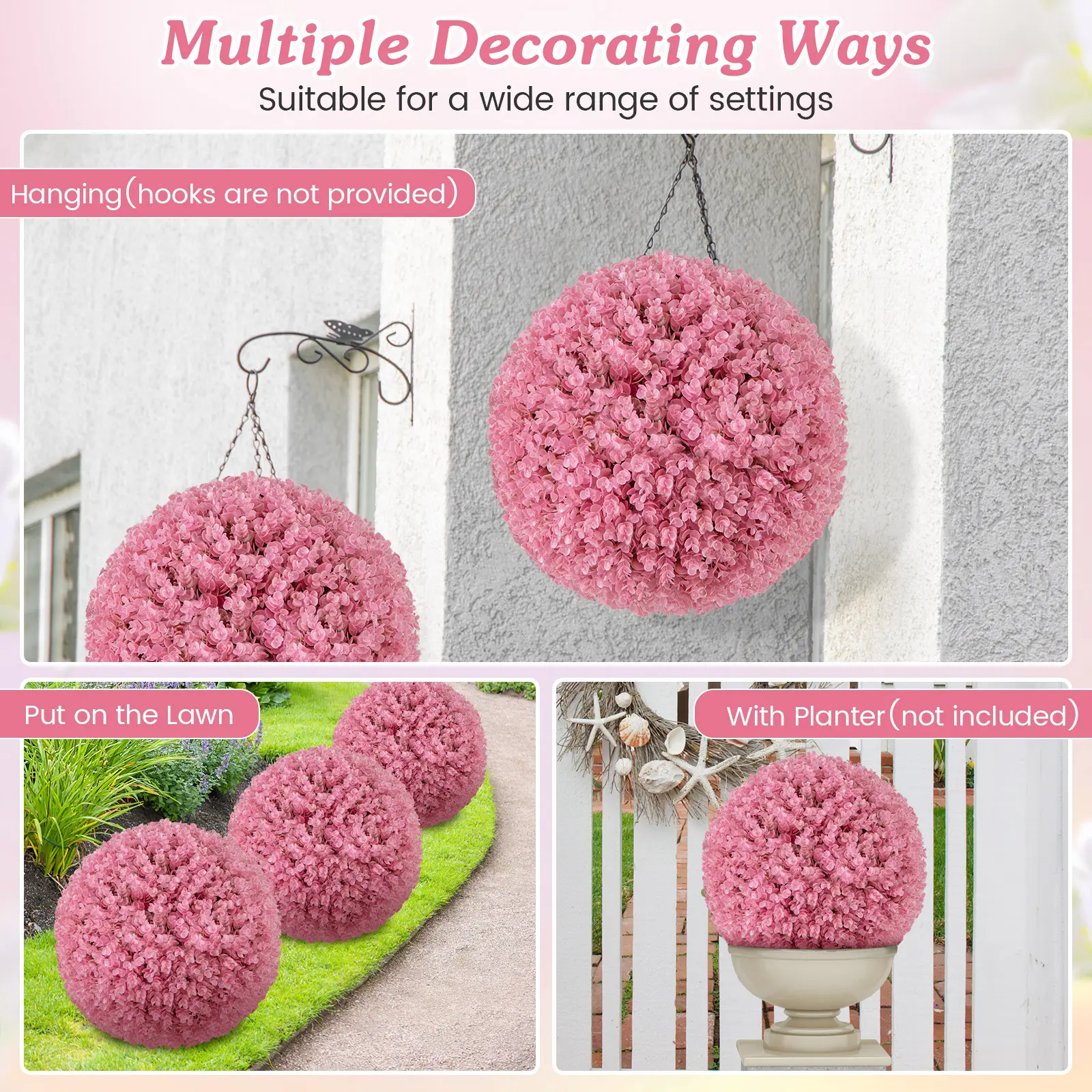 COSTWAY - 17.5 Inch Faux Purple Eucalyptus Decorative Balls with 7 Layers Leaves for Backyard Porch Garden and Wedding-Pink