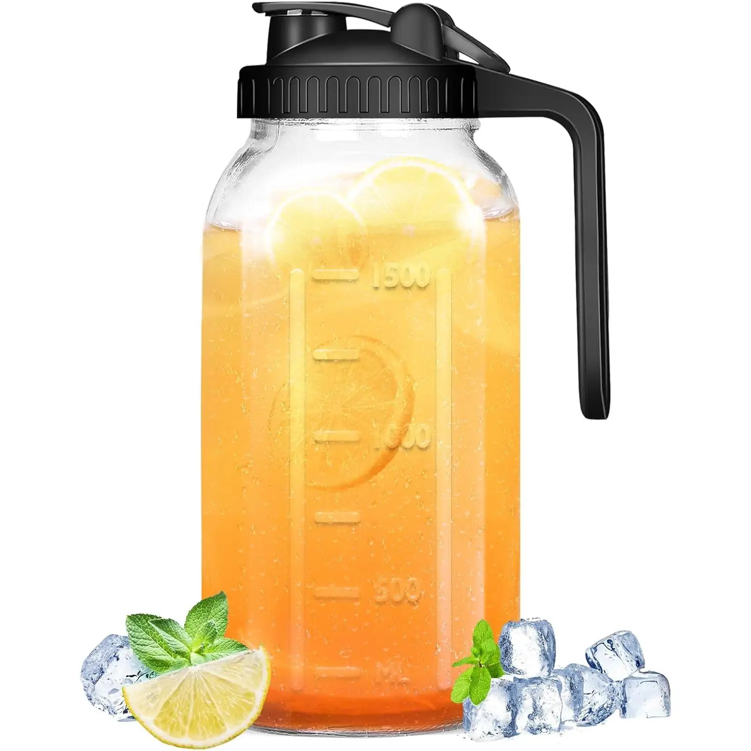 Glass Pitcher with Lid - 64OZ Wide Mouth Mason Jar Pitcher, 2 Quart Double Leak-proof Water Pitcher, Breastmilk Pitcher with Pour Spout Lids for Water, Juice, Milk, , Iced Coffee, and Drinks