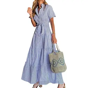 Women Striped Maxi Shirt Dress Short Sleeve Button Down Tie Waist Ruffle Summer Casual Beach Vacation Dress