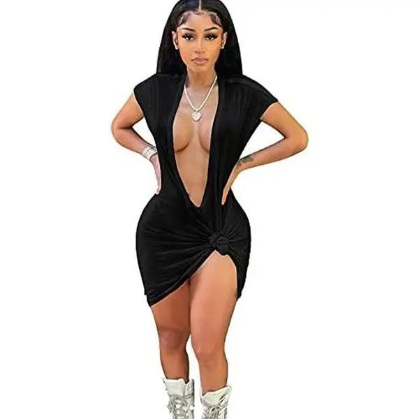 Women's Soft Fabric Short-Sleeve Deep V-Plunge Knot Front Slim Fit Bodycon Pullover Mini Dress - Formal Womens Dresses, Night Out Clothes for Women, Club Outfit Ideas, Going Out Outfit, Party Fit