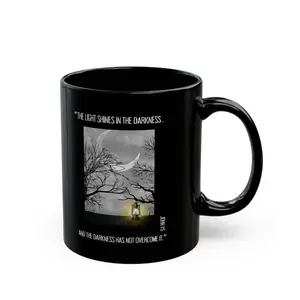 Christian Coffee Mug, John 1:5 Bible Verse Ceramic Mug, Black Coffee Cup, Religious Gift for Him and Her - Glossy, Drinkware