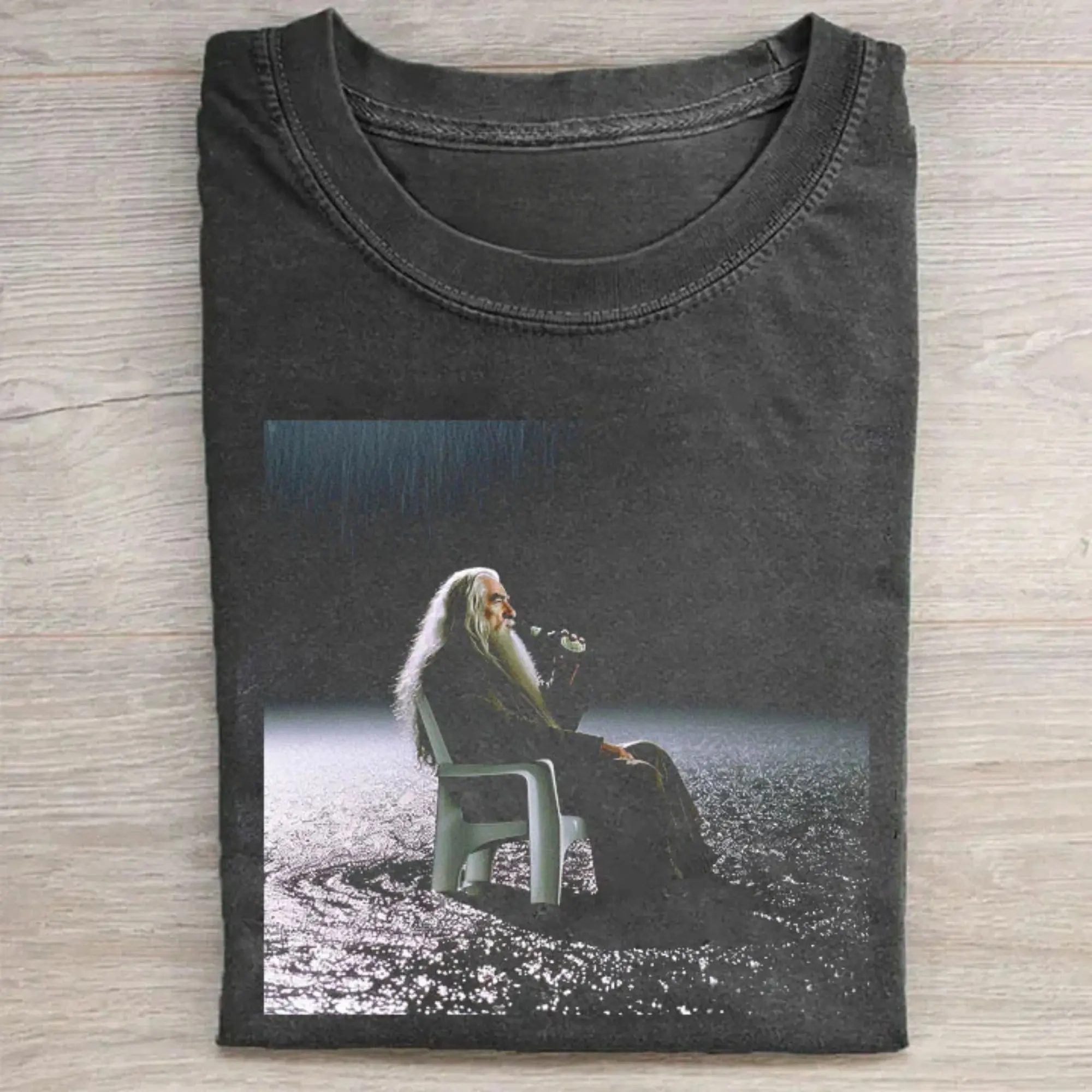 Vintage Wizard Sitting In Plastic Chair Rainy Aesthetic T-Shirt - Chill Fantasy Wizard Graphic Tee, Deep Thought Meme Shirt, 90s Pop Culture Shirt, Fitted Shortleeve T-Shirt, Men's Black Round Neck Menswear, Gift for Men