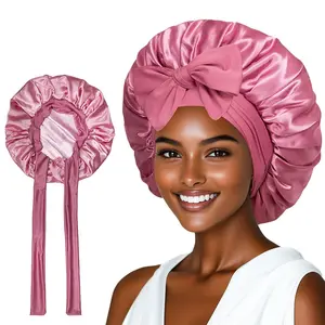Satin Silk Haircare Bonnet - Adjustable Drawstring Night Cap with Soft Wide Band, Curly Hair Protection Wrap for Shower Use