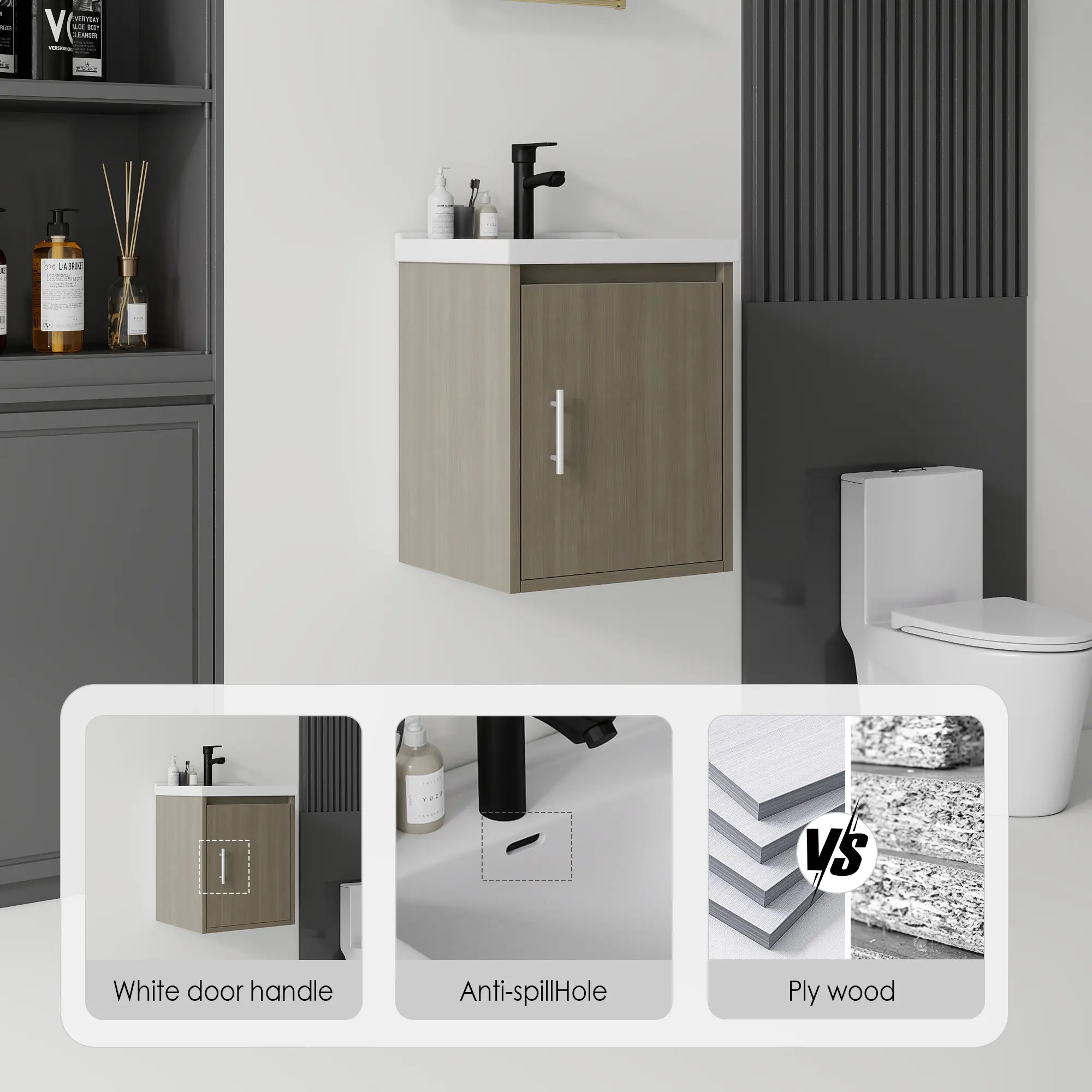 20-Inch Modern Compact Design Floating Wall Mount Bathroom Vanity, Eco-Friendly Moisture-Proof Plywood Cabinet with Integrated Ceramic Sink & Soft Close Door, Durable for Humid Small Powder Rooms, HeWalnut (Assembly Required)