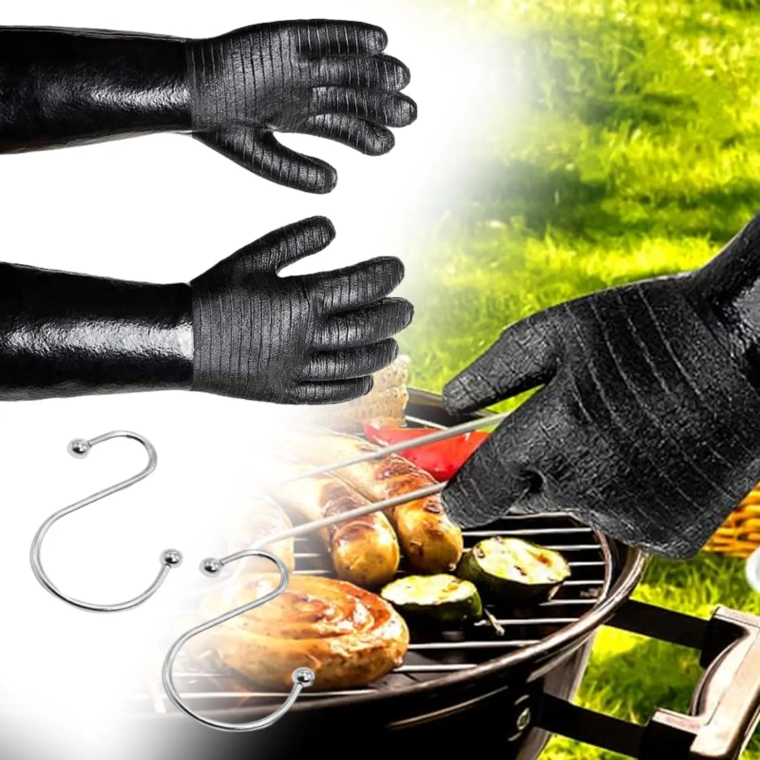 Heavy Duty 1-Pair Loose Fit Long Sleeve 5-Finger Heat Resistant Grilling Gloves - Oilproof, Water Resistant, Textured Palm, Hook-Included, 1 Size, for Outdoor BBQ, Camping - Home Improvement Work Safety Equipment