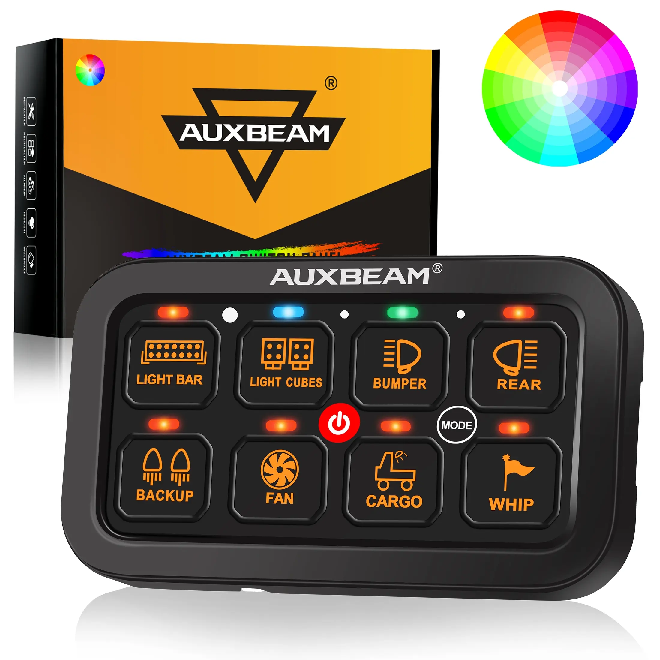 AUXBEAM 1 Set of 8 Gang RGB Multifunction Switch Panel - Toggle/Pulse/Momentary 3 Modes, Dimmable RGB Light, Manual Backlight Off, IP65 Rated Waterproof Cover,Full Wiring Harness, Mount Brackets, Great for LED Lighting, Jeep UTV Offroad Interior Mod Parts