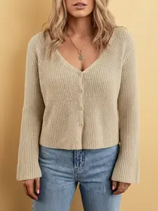 Women's Plain  Cardigan, Casual Long Sleeve V Neck Cardigan for Summer, Fashion Women's Knitwear for Daily Wear, Knitted Cardigan Tops