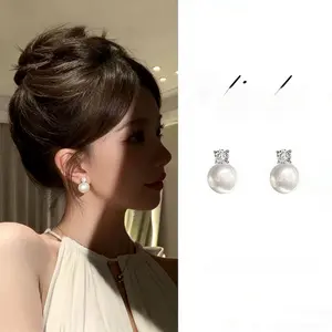 Sparkly Classic Pearl Drop Stud Earrings, DDMS0022 Diamond-Like Top, 925 Silver Post, Hypoallergenic Elegant Earrings for Women