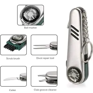 Stainless Steel Golf Multi-Function Divot Tool, Ball Marker, Scrub Brush, Keychain, Cutter, Club Groove Cleaner