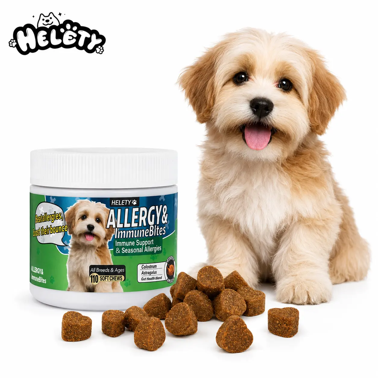 Helety Dog Allergy ImmuneBites — Daily Soft Chews for Seasonal Wellness, Skin Comfort & Gut Support, Colostrum Astragalus Formula, 110 Ct Chicken Flavor All Breeds itchy tick pumpkin probiotic bite mobility Natural Hip and Joint Supplement Health Small