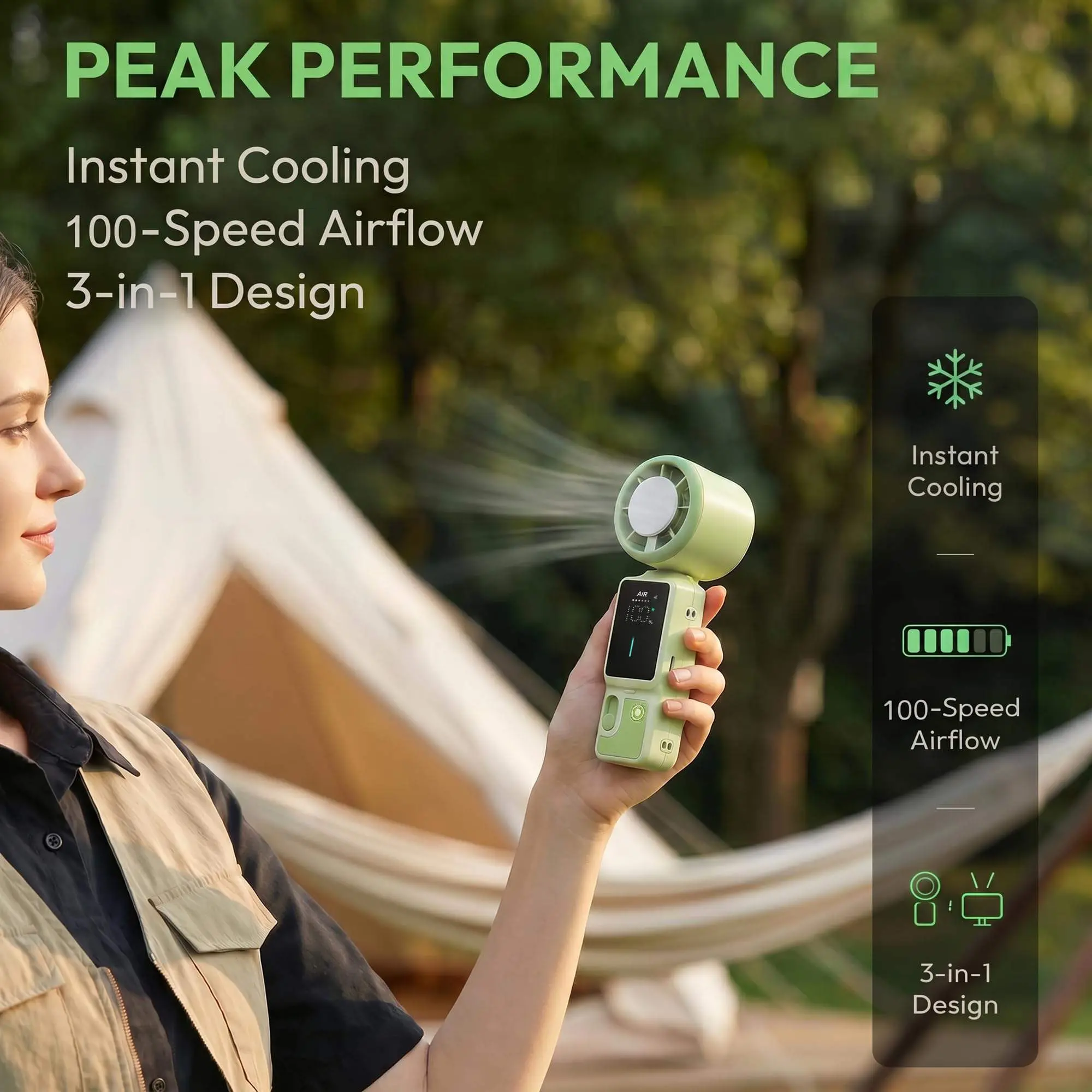 3-in-1 Semiconductor AC Fan,Foldable Fan,100-speed Airflow fan for Summer Travel Vacation Essentials & Outdoor Activities,Gifts for outdoor lovers
