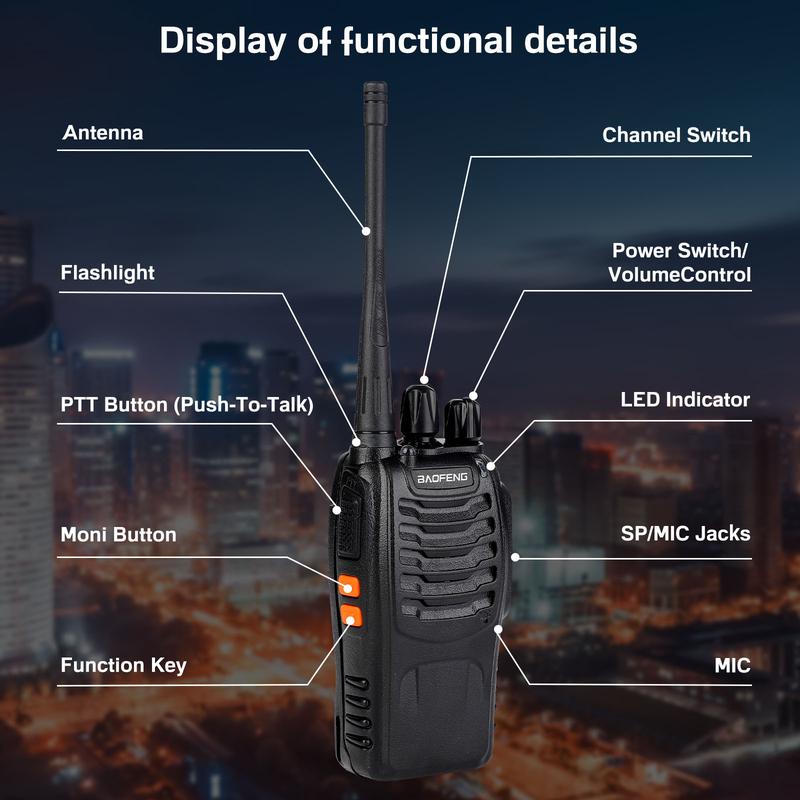Baofeng Walkie-Talkie 888S Audio Walkie-Talkie, (10 units with 10 headsets) rechargeable with a 1-3 km long-range distance, 16-channel professional handheld two-way communication, built-in flashlight, comes with a lithium battery and charger.
