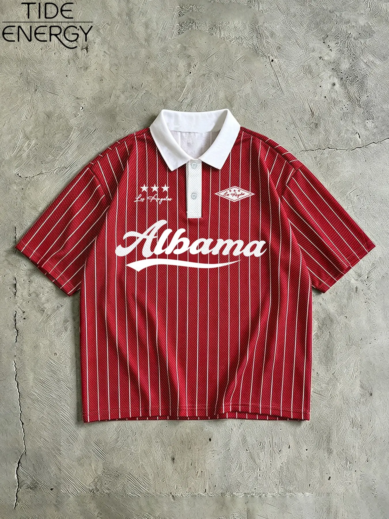 Vertical Stripe Mesh Short Sleeve Polo, Alabama Script Star Badge Print Loose Collar T-Shirt, Unisex Retro Baseball Style, Summer Casual Top