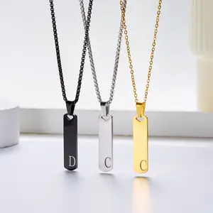Men's Women's Stainless Steel Necklace A-Z Initial Letter Vertical Bar Pendant Chain