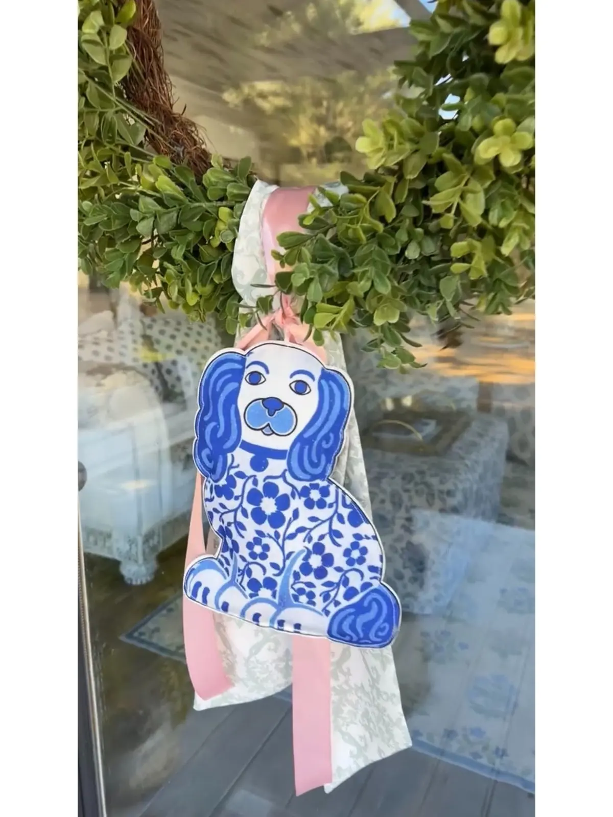 Chinoiserie Staffordshire Dog Canvas Plush Ornament - 10 in Ornamental Size Holiday Plush Ornaments, Room Decor, Festive Dresser Accent