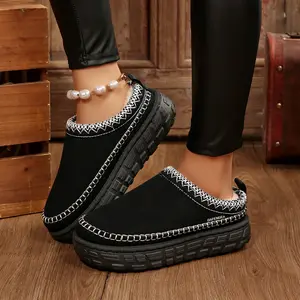 Women's Mini Snow Boots Tire Tread Sole Mules Bohemian Stitch Warm Indoor Outdoor Platform Shoes