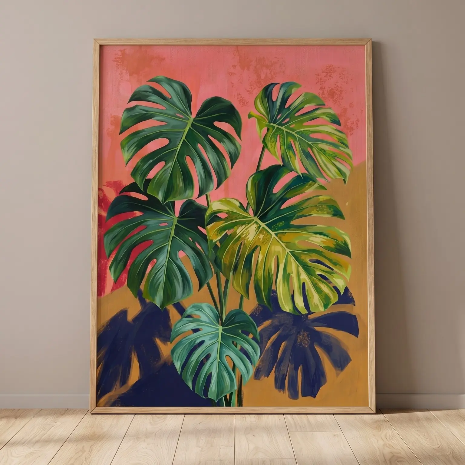 Tropical Monstera Leaves Poster, Botanical Wall Art Print, Modern Pink Green Plant Illustration, Contemporary Jungle Foliage Artwork, Boho Nature Home Decor for Living Room Bedroom, Unframed