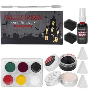 6 Colors Halloween Special Effects SFX Zombie Makeup Kit,Bruise Makeup Face Body Painting Palette,Scar Wax, Spatula Tool,Fake Blood Spray,Coagulated Blood With Sponges for Halloween Demonic Cosplay