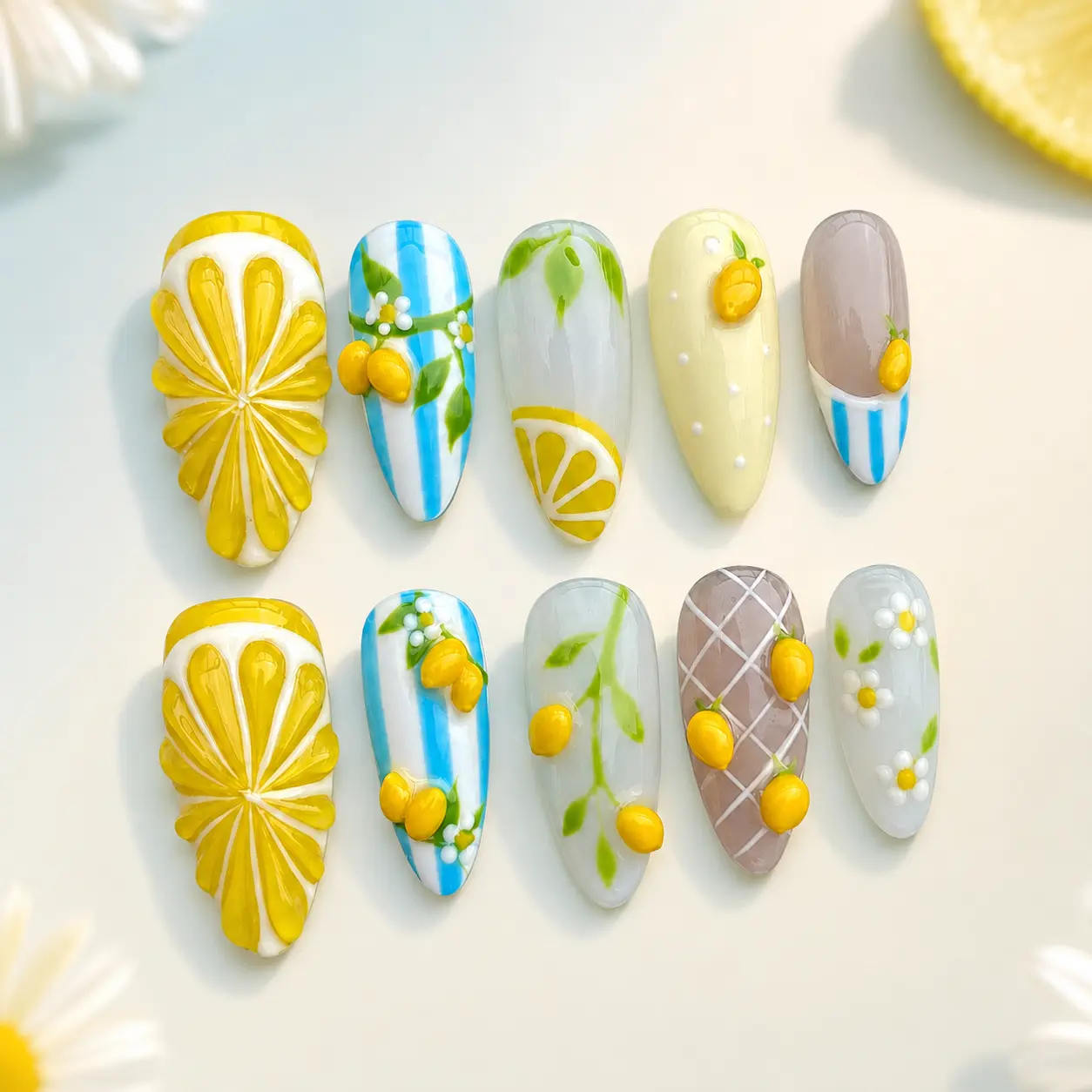 Nuvela Citrus Riviera Press On Nails, Medium Almond, 3D Lemon Blue Stripe Floral, Reusable Salon Quality, Summer Nail Set