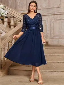 MIUSOL 24407A Elegant V-Neck Sequin Floral Lace Ruched Chiffon 3/4 Sleeve Evening Party Long Dress, For Wedding Guest, Prom Party, Graduation, Swing Dress, A-Line Dress, Midi Dress