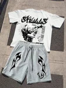2026 Streetwear Set, Menswear: White patterned T-shirt, futuristic helmet print, 'Dreams Set Sail' slogan, Black flame shorts, avant-garde cyber style, loose fit, monochrome vibe, perfect for #OOTD #StreetStyle #CyberFashion #MultipleColorOptions