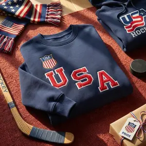 USA Hockey Embroidered Sweatshirt, Patriotic Hockey Fan Crewneck, American Hockey Pride Hoodie, Team USA Inspired Gift, Hockey Lover T-Shirt