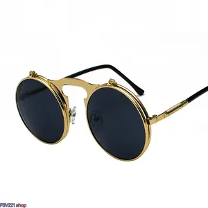 Vintage Steampunk Flip Sunglasses Retro Round Metal Sun Glasses for Men and Women Brand Designer Circle Oculos，Protection Metal Frame Shades for Cosplay, Festivals & Everyday Wear