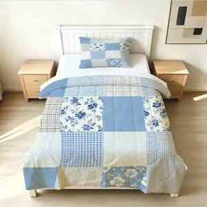 2/3Pcs Blue Floral Patchwork Comforter Set, Farmhouse Plaid Houndstooth Style, Quilted Soft Polyester Bedding, Warm Cozy All Season Quilt with Pillowcases, Perfect for Cottage Bedroom, Guest Room & Dorm Decor, with Filling, Pillow Core Not Included