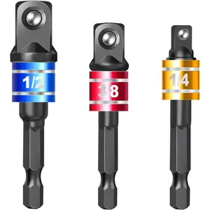 3- Impact Socket Adapter Set for Drill, 1/4" 3/8" 1/2" Hex Shank Impact Driver Socket Adapter, Socket to Drill Adapter